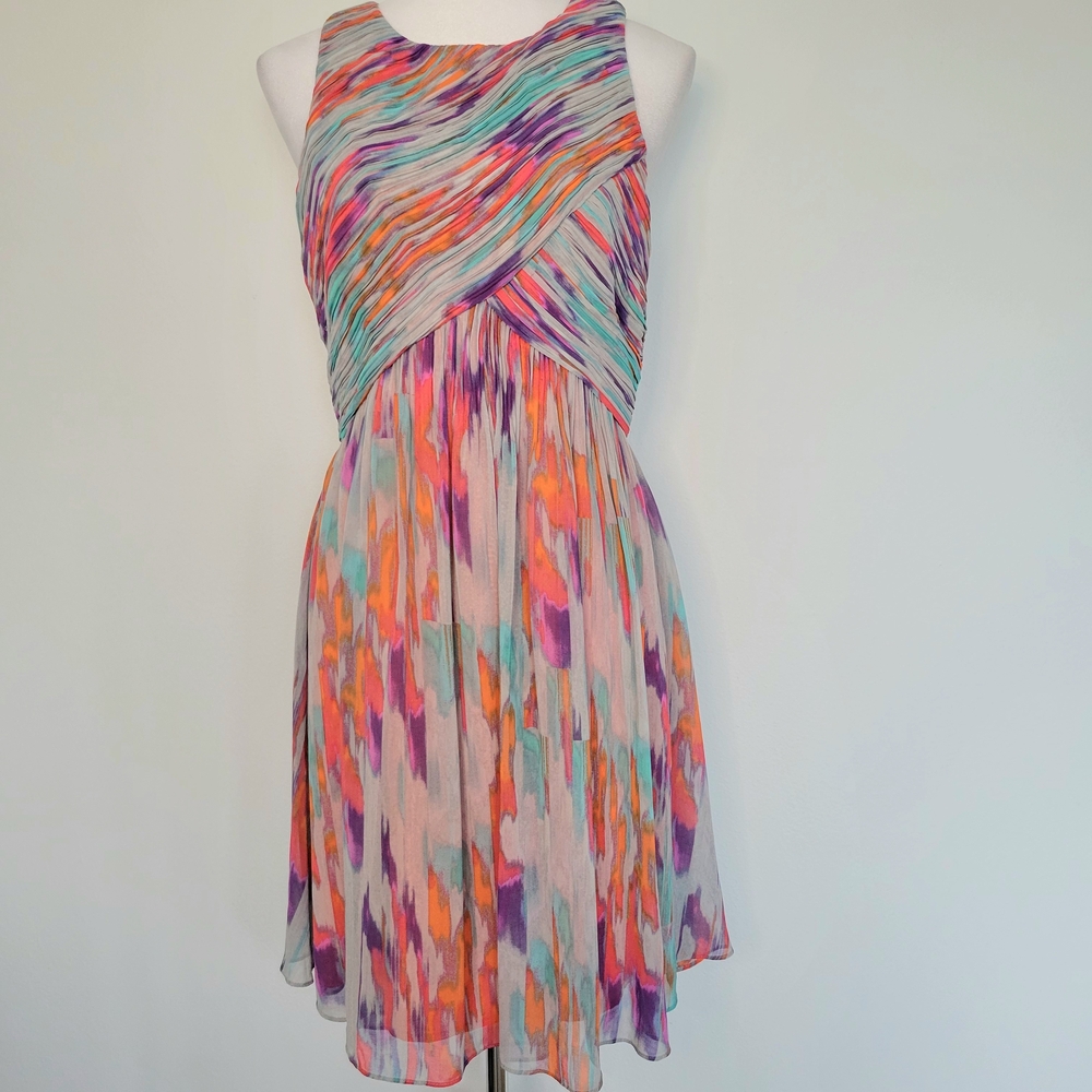 ARMANI EXCHANGE Colorful  Striped Chiffon A-line Flowy Party Midi Dress Sz 10